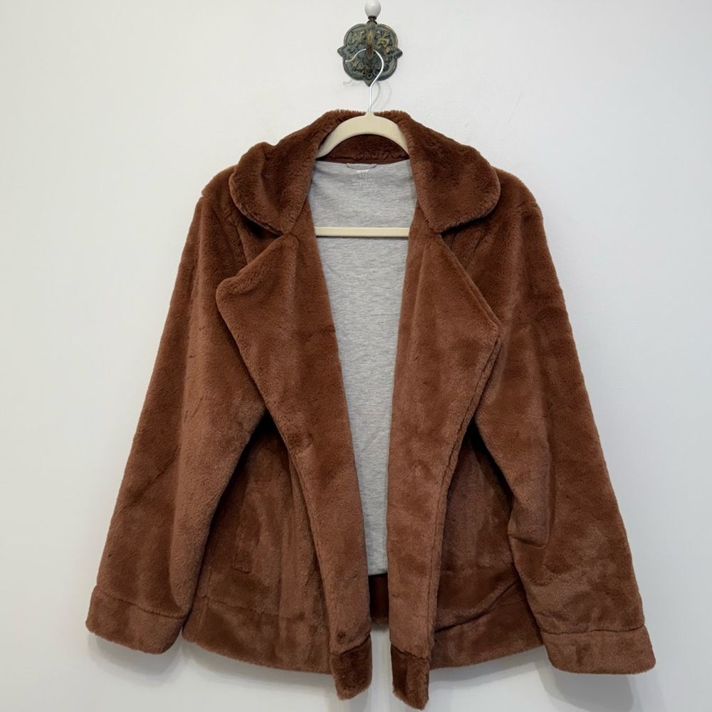 Aerie Brown Teddy Soft Cozy Faux Fur Jacket Open Front Women’s Size Small